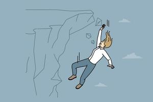 Scared businesswoman fall from cliff suffer from failure or loss at work. Unhappy terrified female employee falling from rock failed with project. Vector illustration.