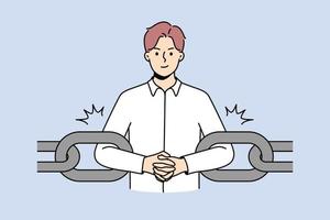 Young businessman as part of chain. Male employee or worker as link of chain at workplace. Engaged as business work element. Vector illustration.