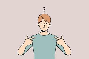 Frustrated young man feel confused point at himself. Unhappy guy feeling anxious showing with finger at him. Confusion and frustration. vector