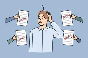 Frustrated male employee overwhelmed with numerous work letters or notifications. Unhappy man worker confused with workload. Vector illustration.