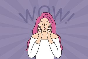 Stunned young woman with pink hair make facial expression feeling shocked and surprised. Amazed girl show wow gesture amazed with news. Vector illustration.