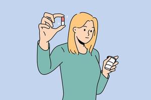 Young woman holding pill in hands taking antidepressants or painkillers. Female patient with drug or tablet recommend medical treatment. Medicine and healthcare. Vector illustration.