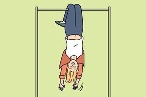 lleno de alegría joven mujer colgando en horizontal bar al revés abajo. sonriente niña tener divertido hacer ejercicio al aire libre en deporte patio de juegos. vector ilustración.