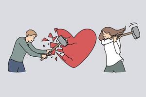 Angry man and woman break huge heart with hammers suffer from breakup or split. Furious hurt couple crash love symbol. Relationship end. Vector illustration.
