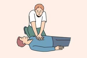 joven hombre haciendo corazón masaje a chico acostado en suelo sufrimiento desde cardíaco arrestar. persona realizar primero ayuda resucitación. cuidado de la salud y medicamento. vector ilustración.