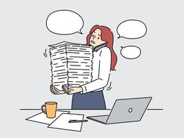 Stressed businesswoman with stacks of paperwork overwhelmed with job in office. Tired female employee with documents piles feeling fatigue. Workload. Vector illustration.