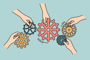 Closeup of businesspeople connect gear mechanism engaged in teamwork. Employees or colleagues with cogwheels involved in team problem solution. Vector illustration. . Vector illustration