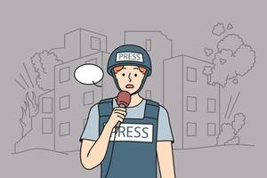 Scared male reporter in protective gear lead live broadcast from war zone. Stressed man correspondent in helmet speak cover news from warzone. Vector illustration.
