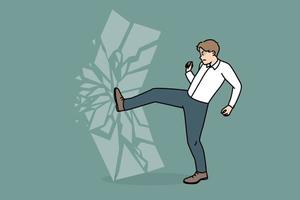 Furious decisive businessman break wall shatter imaginary barrier. Motivated angry male employee crash glass door or shutter demolish obstacle. Business motivation. Vector illustration.