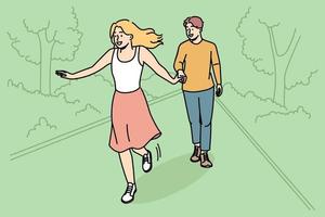 contento joven Pareja caminando juntos en parque. sonriente hombre y mujer disfrutar romántico fecha en verano bosque. relaciones vector ilustración.