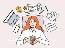 Exhausted woman lying in bed with coffee stressed with work. Tired female employee overwhelmed with job rest in bed. Fatigue and exhaustion. Vector illustration.