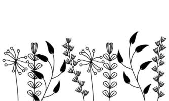 Black silhouettes of grass, flowers and herbs isolated on white background vector