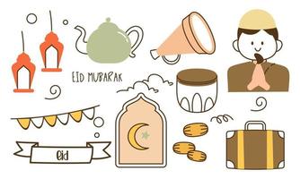 Eid mubarak or idul fitri design element in doodle style vector