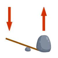 Lever of stick with stone. Lifting heavy cobblestone. Moving the boulder. Balancing and leverage. Flat cartoon with red arrow vector