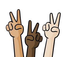 Multiculturalism and diversity. Cartoon Hands show victory sign. Fingers with V vector