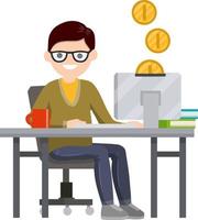 Young man sitting at table with computer and monitor. Gold coin. Salary of freelancer and programmer. Cartoon flat illustration. Online earnings and purchase vector