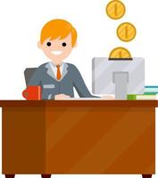 Man sitting at table with computer and typing text message. Salary on Internet. Cartoon flat illustration. Employee at work in office. Online earnings. Gold Coins are falling in money box in monitor vector