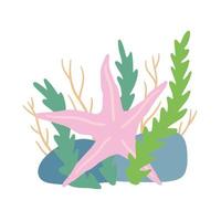 estrellas de mar en fondos marinos con rocas y algas. decoración de agua y océano. ilustración de dibujos animados plana aislada en blanco vector