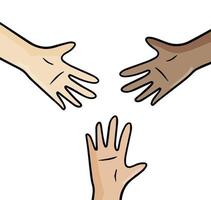 Hands of people with different skin colors. Concept of friendship, diversity and multicultural cooperation of children vector