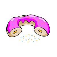 Donut with pink glaze. Sweet sugar dessert with icing. Outline cartoon illustration isolated on white background vector