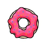 Donut with pink glaze. Sweet sugar dessert with icing. Outline cartoon illustration isolated on white background vector