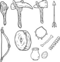 Set of items of primitive man and hunter. Weapons of caveman. Stone age hammer, axe and club. Lifestyle and tool. Cartoon illustration vector