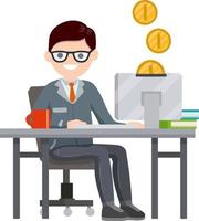 Man sitting at table with computer and typing text message. Salary on Internet. Cartoon flat illustration. Gold Coins are falling in money box in monitor. Employee at work in office. Online earnings vector