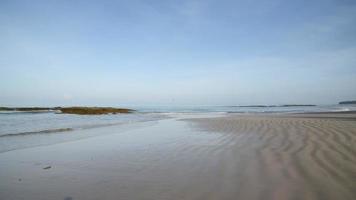 escena de hermosa playa , onda arena, calma mar y azul cielo en el Mañana a natai playa, Phang nga provincia, tailandia video