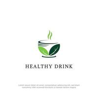 Fresh Healthy drink logo design vector, cup with leaf and smoke flat design template vector