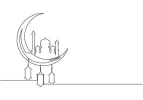 Ramadan Kareem greeting card, poster and banner design background. One continuous line drawing of islamic ornament masjid and lantern lamp hanging on moon. Single line draw vector illustration