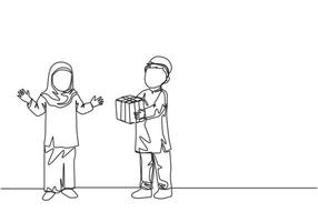 Single continuous line drawing of young muslim boy giving a present gift to sister. Eid Mubarak greeting card, banner, and poster concept. Trendy one line draw design illustration background vector