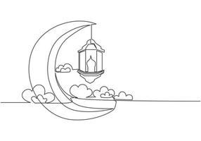 Ramadan Kareem greeting card, poster and banner design background. One continuous line drawing of Islamic ornament lantern lamp hanging on moon at cloudy sky. Single line draw vector illustration