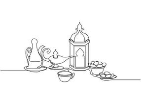 Ramadan Kareem greeting card, poster and banner design. One single line drawing of Islamic ornament lantern, glass, dates fruit, food, drink and teapot. Continuous line draw vector illustration