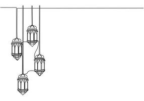 Ramadan Kareem greeting card, banner, and poster design. One single line drawing of Islamic lantern lamps ornament hanging on wire with white background. Continuous line draw vector illustration