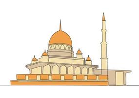 One continuous line drawing of Islamic historical landmark masjid or mosque. The ancient building that works as a place of worship for muslim person concept single line draw design vector illustration