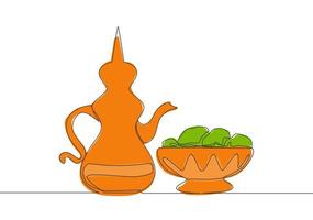 One single line drawing of teapot usually containing Zam zam water and dates fruit on a plate. Food and drink to eat after fasting concept continuous line draw design vector illustration