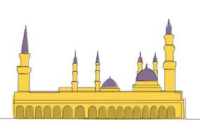 Single continuous line drawing of historical mosque or Masjid An Nabawi in Medina. Historical construction use as a place of praying for Islamic person concept one line draw design vector illustration