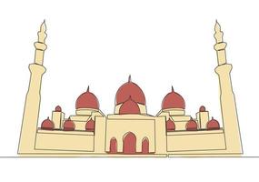 One continuous line drawing of Islamic historical landmark masjid or mosque. The ancient building that works as a place of worship for muslim person concept single line draw design vector illustration