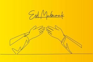 Eid Mubarak greeting card, banner and poster design background. Single continuous line drawing of two muslim people handshaking to forgive each other, Eid Al Fitr. One line draw vector illustration