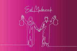 Eid Mubarak poster, banner and greeting card design Single continuous line drawing of young Islamic muslim muslimah couple holding hands and lantern lamp. Eid Al Fitr one line draw vector illustration