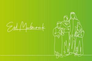 eid Alabama fitr Mubarak saludo tarjeta, bandera y póster diseño. uno continuo línea dibujo de musulmán árabe familia - islámico padre, madre, hija y hijo. soltero línea dibujar vector ilustración