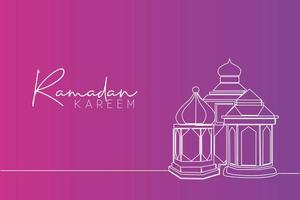 Ramadan Kareem greeting card, poster and banner design background. One continuous line drawing of Islamic ornament lantern lamps. Islamic festival single line draw vector illustration