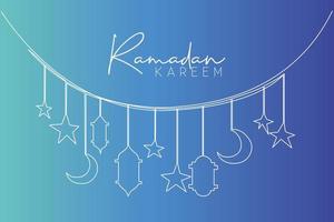 Ramadan Kareem greeting card, poster and banner design background. One single line drawing of Islamic ornament with moons, stars, lanterns and lamps. Continuous line draw vector illustration