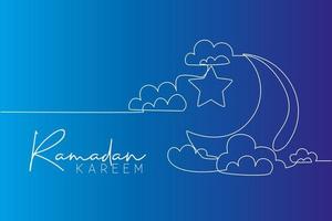 One single line drawing of islamic ornament with moon and star and cloudy sky on white background. Ramadan Kareem greeting card, banner, and poster concept. Continuous line draw vector illustration