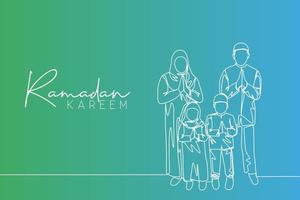 Ramadan Kareem greeting card, poster and banner design. One single line drawing of happy muslim Islamic family - father, mother, daughter and son. Eid Mubarak continuous line draw vector illustration