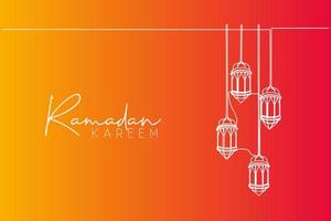 Ramadan Kareem greeting card, banner, and poster design. One single line drawing of Islamic lantern lamps ornament hanging on wire with white background. Continuous line draw vector illustration