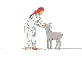 One continuous line drawing of young happy muslim holding a goat. Muslim holiday the sacrifice a sheep or goat to God, Eid al Adha greeting card concept single line draw design illustration vector