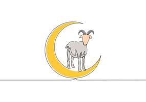 One continuous line drawing of sheep standing on moon. Muslim holiday the sacrifice a sheep, Eid al Adha greeting card concept single line draw design illustration vector