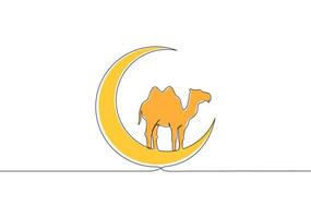One continuous line drawing of camel animal standing on moon . Muslim holiday the sacrifice a camel, Eid al Adha greeting card concept single line draw design illustration vector