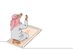 One continuous line drawing of muslim person raise and open hands praying on sajadah, from rear view. Islamic Ramadan Kareem and Eid Mubarak pray concept single line draw design vector illustration